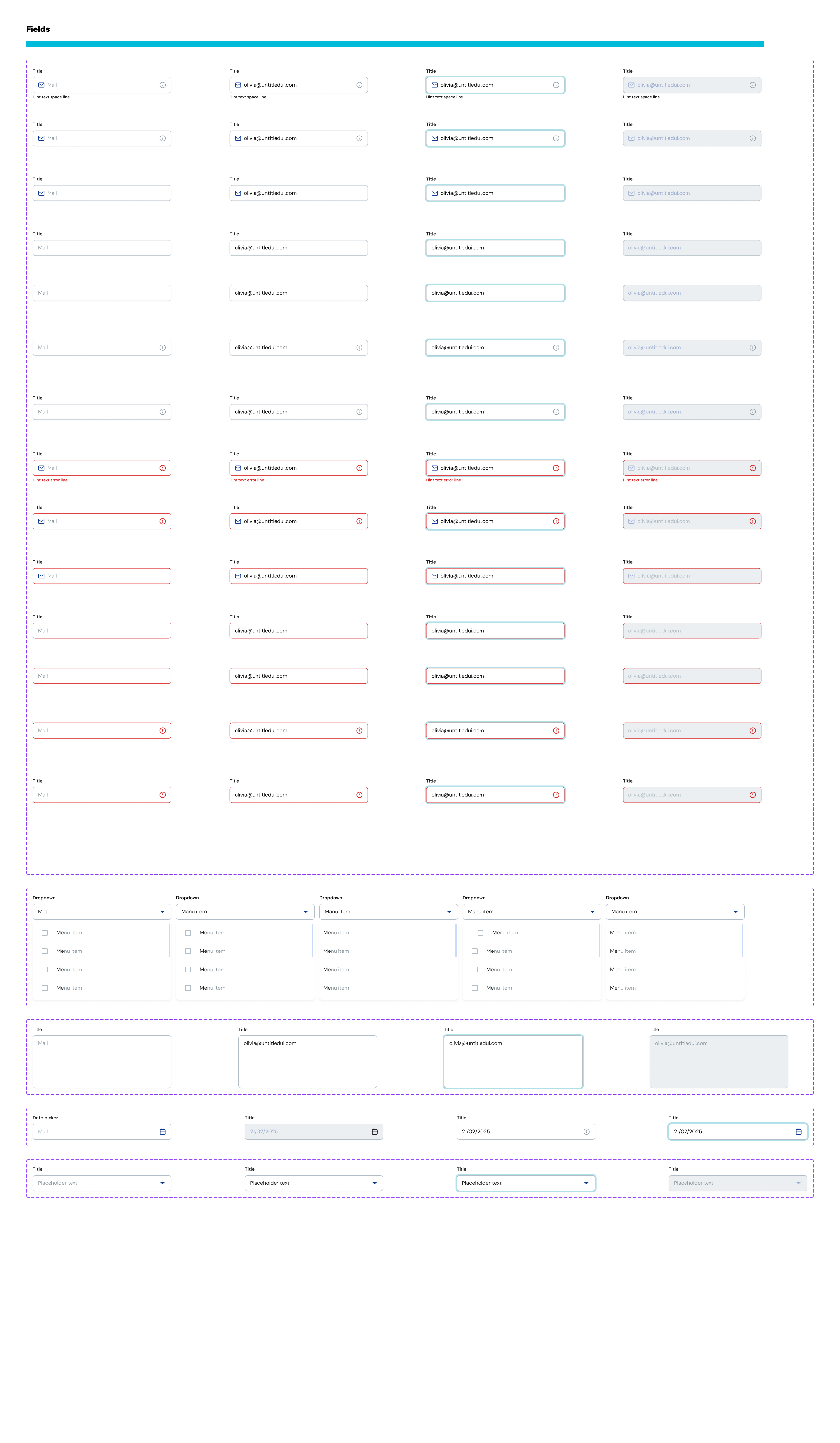 Events.com admin panel design system — text field component variants