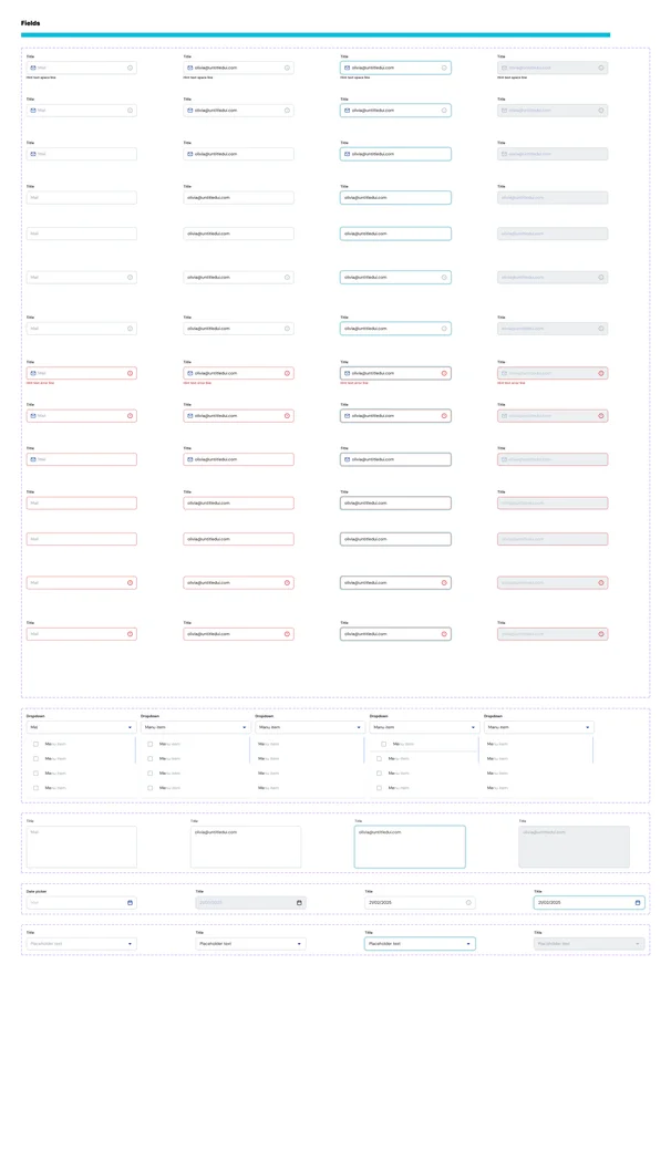 Events.com admin panel design system — text field component variants