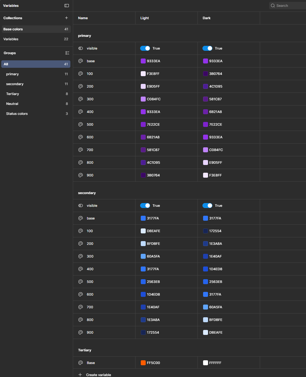 Design system variables panel showing two-layer token architecture