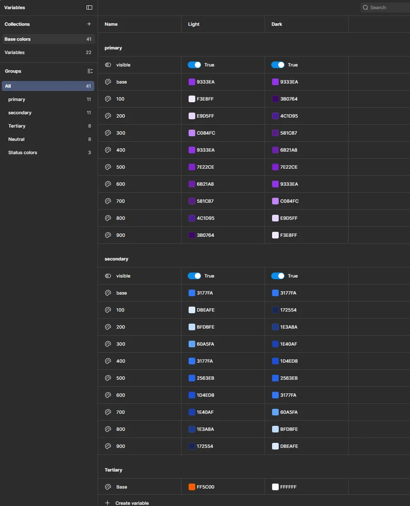 Design system variables panel showing two-layer token architecture