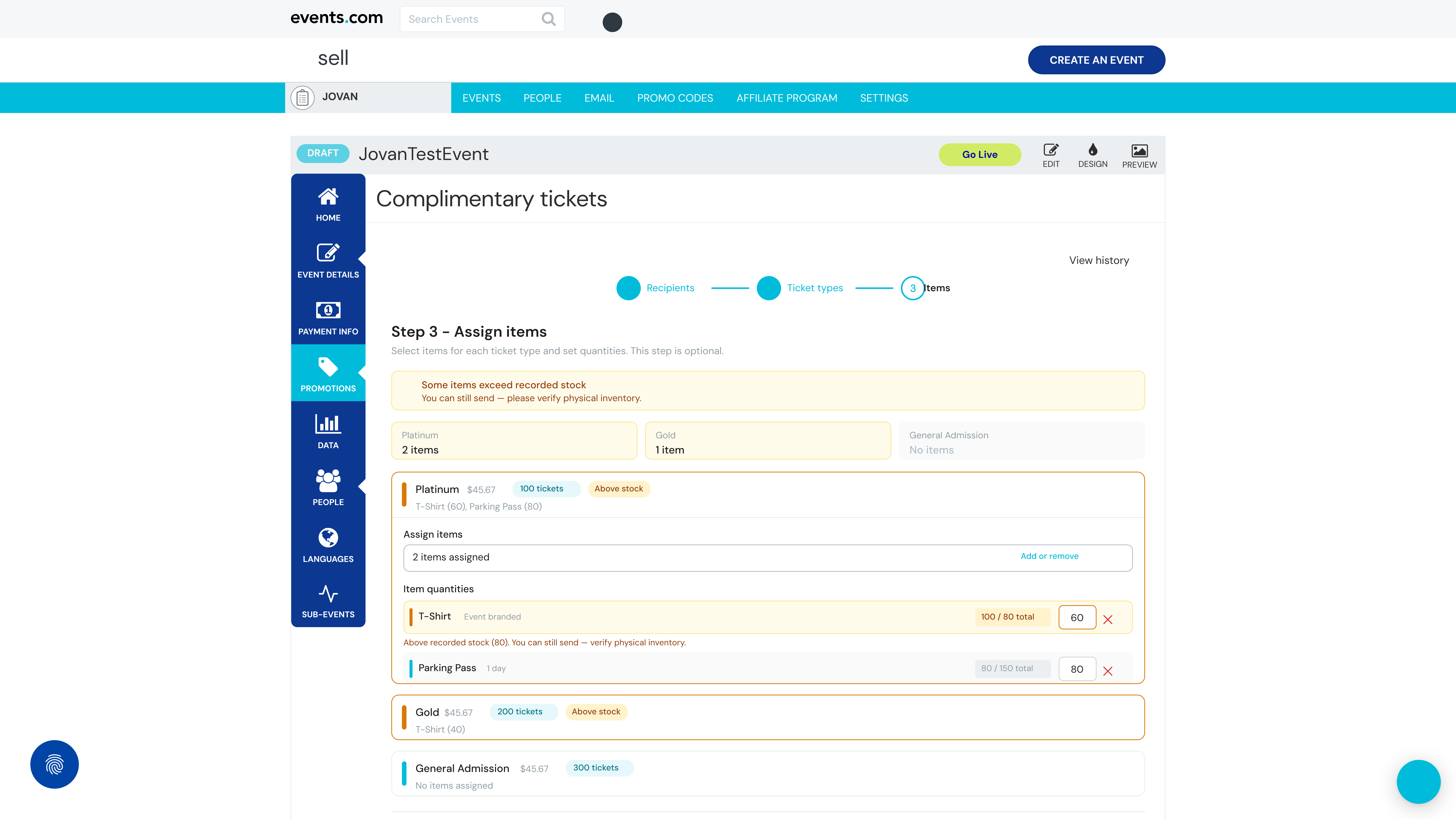 Items step with soft validation warnings on over-stock quantities