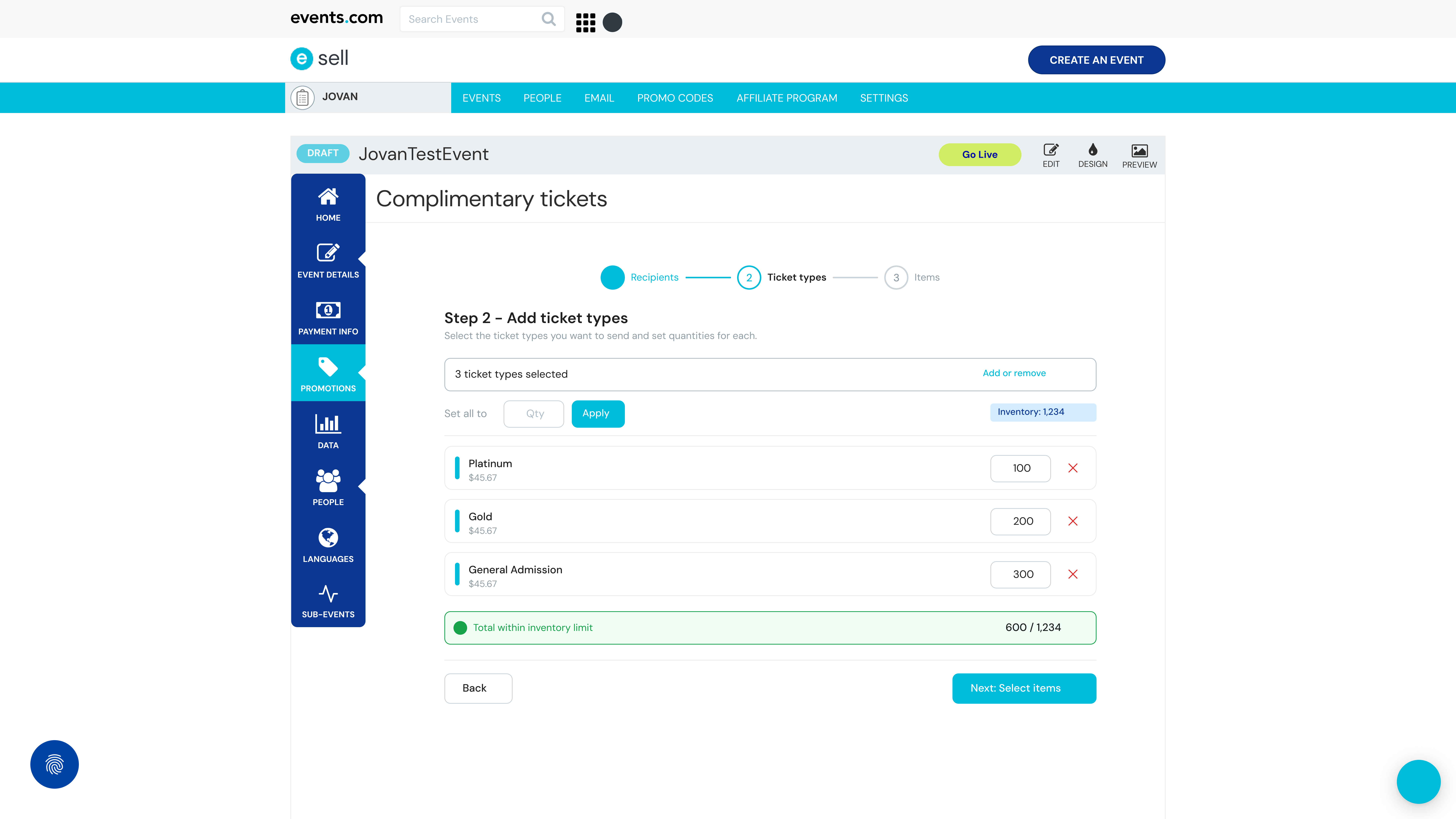 Step 3 of the wizard — entering quantities per ticket type