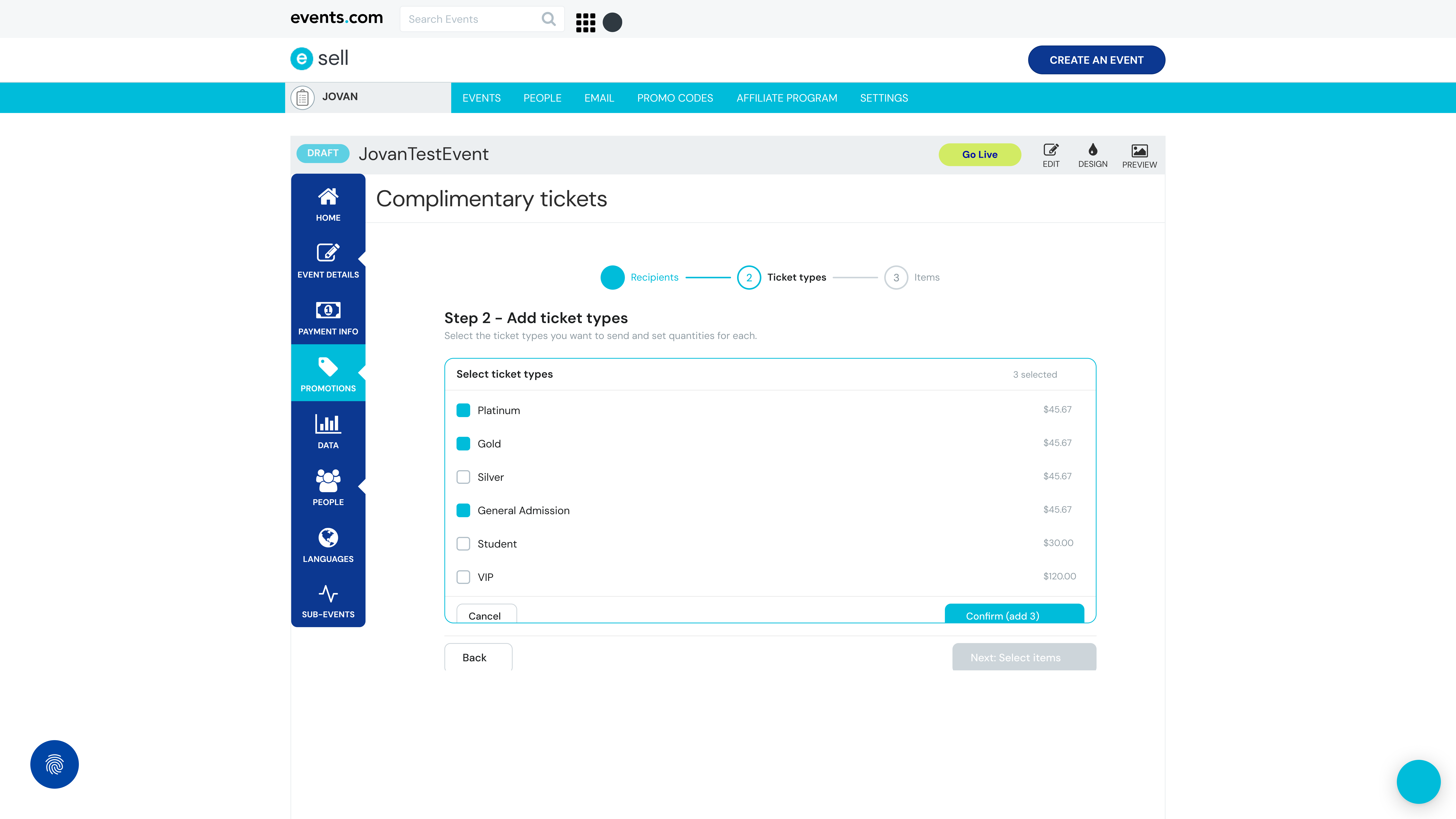 Final wizard — ticket type selector, one step at a time