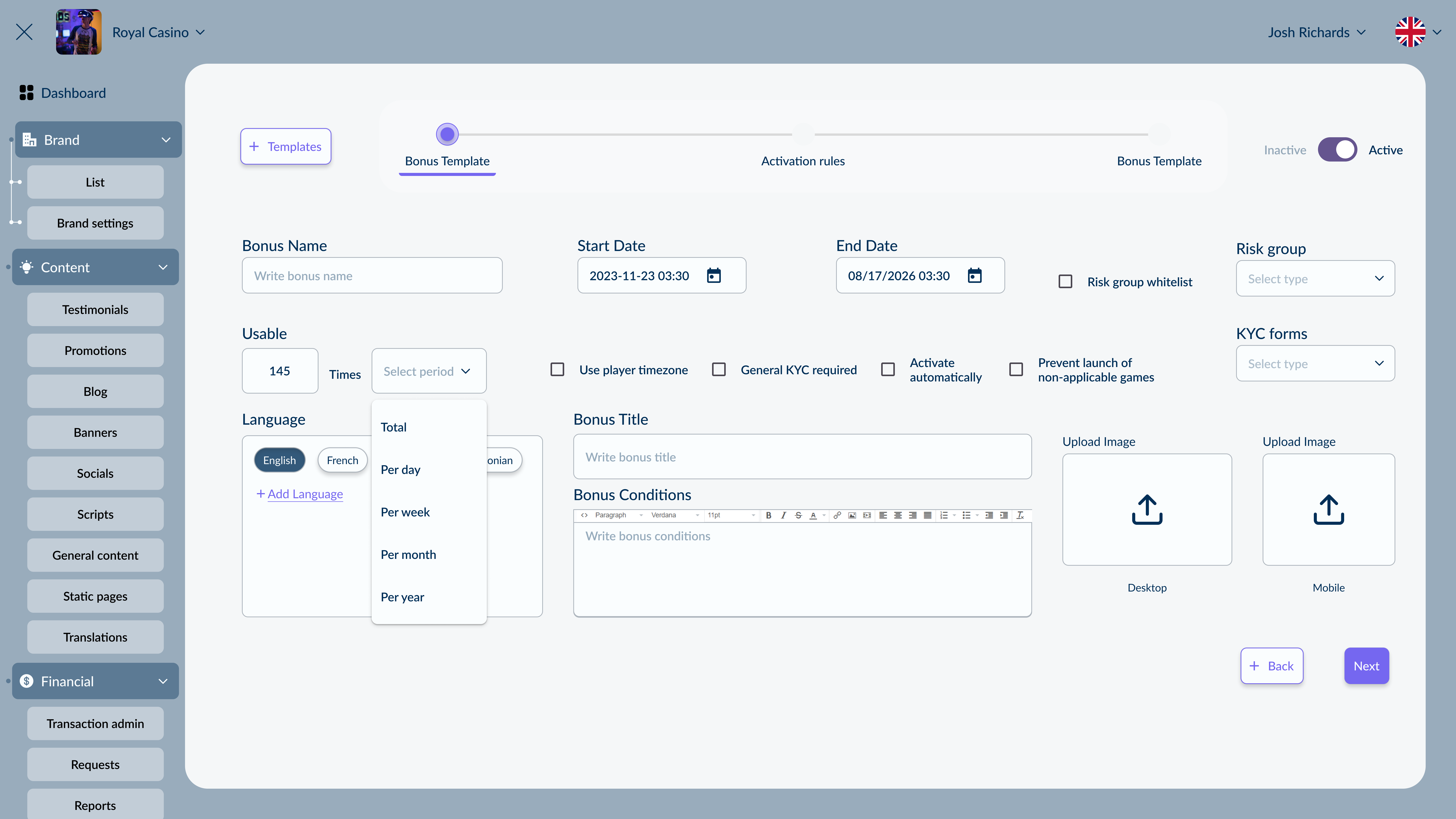 Bonus details — full template configuration view