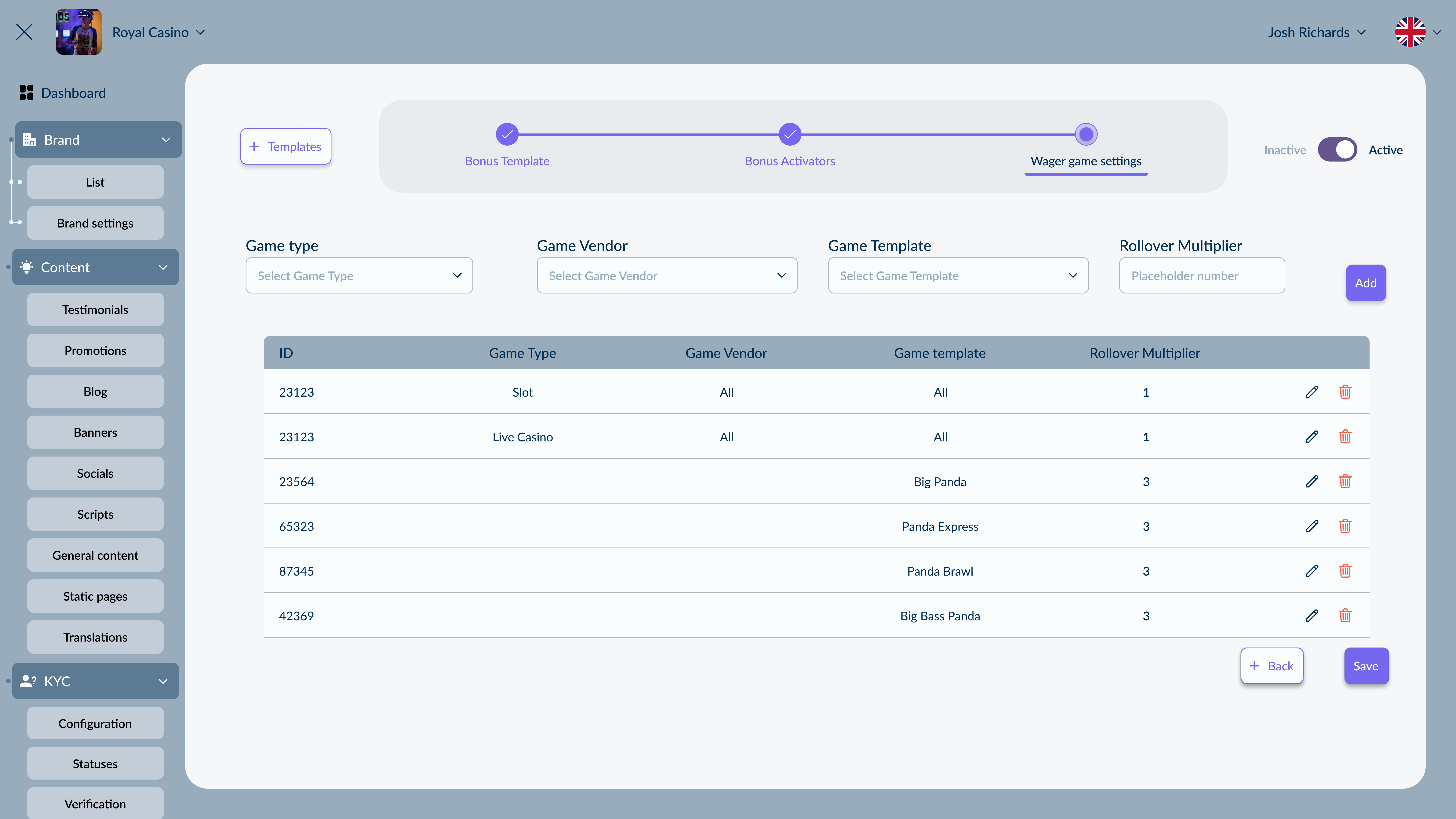 Game configuration — eligible games and rollover multipliers
