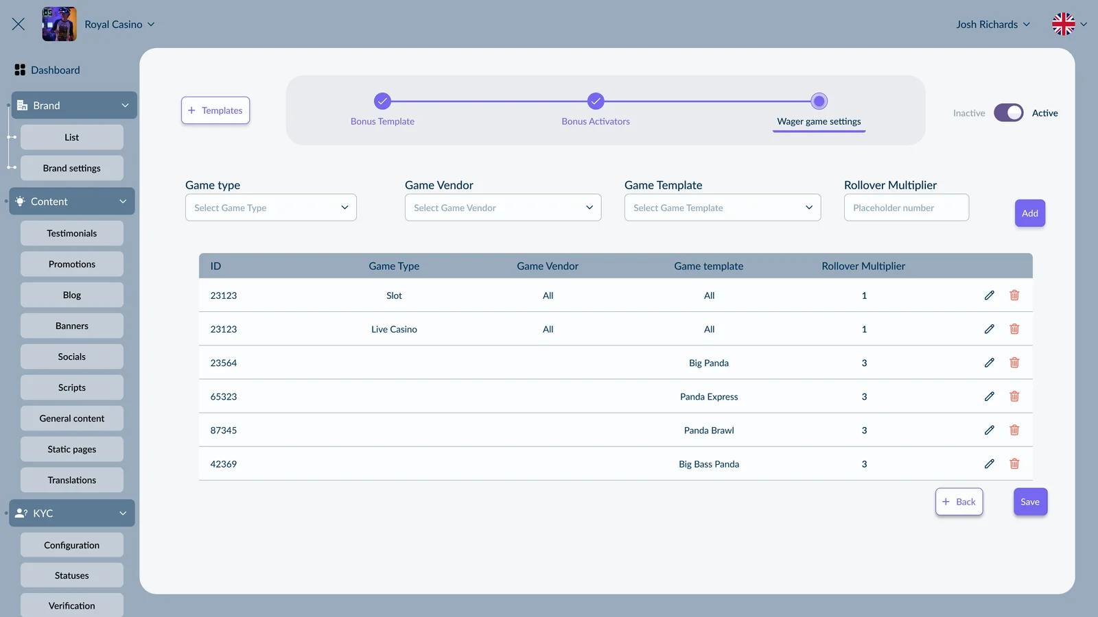 Game configuration — eligible games and rollover multipliers