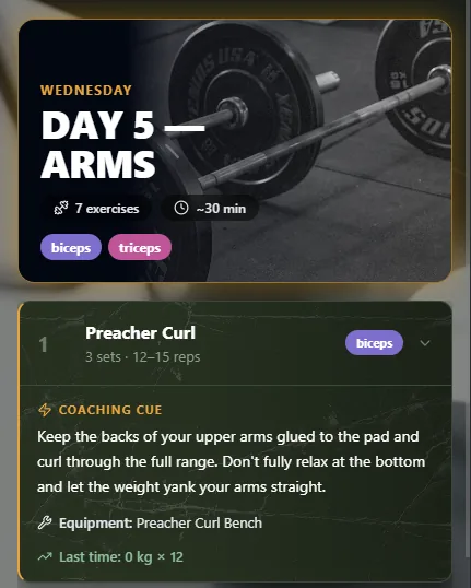 LiftLog Today view — workout session card with coaching cues